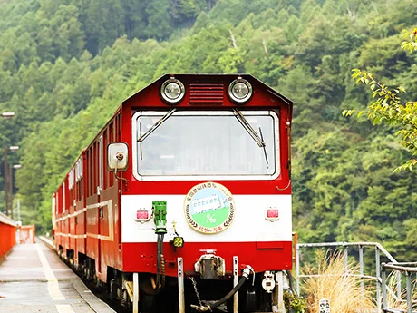 Adorable small red trolley train.